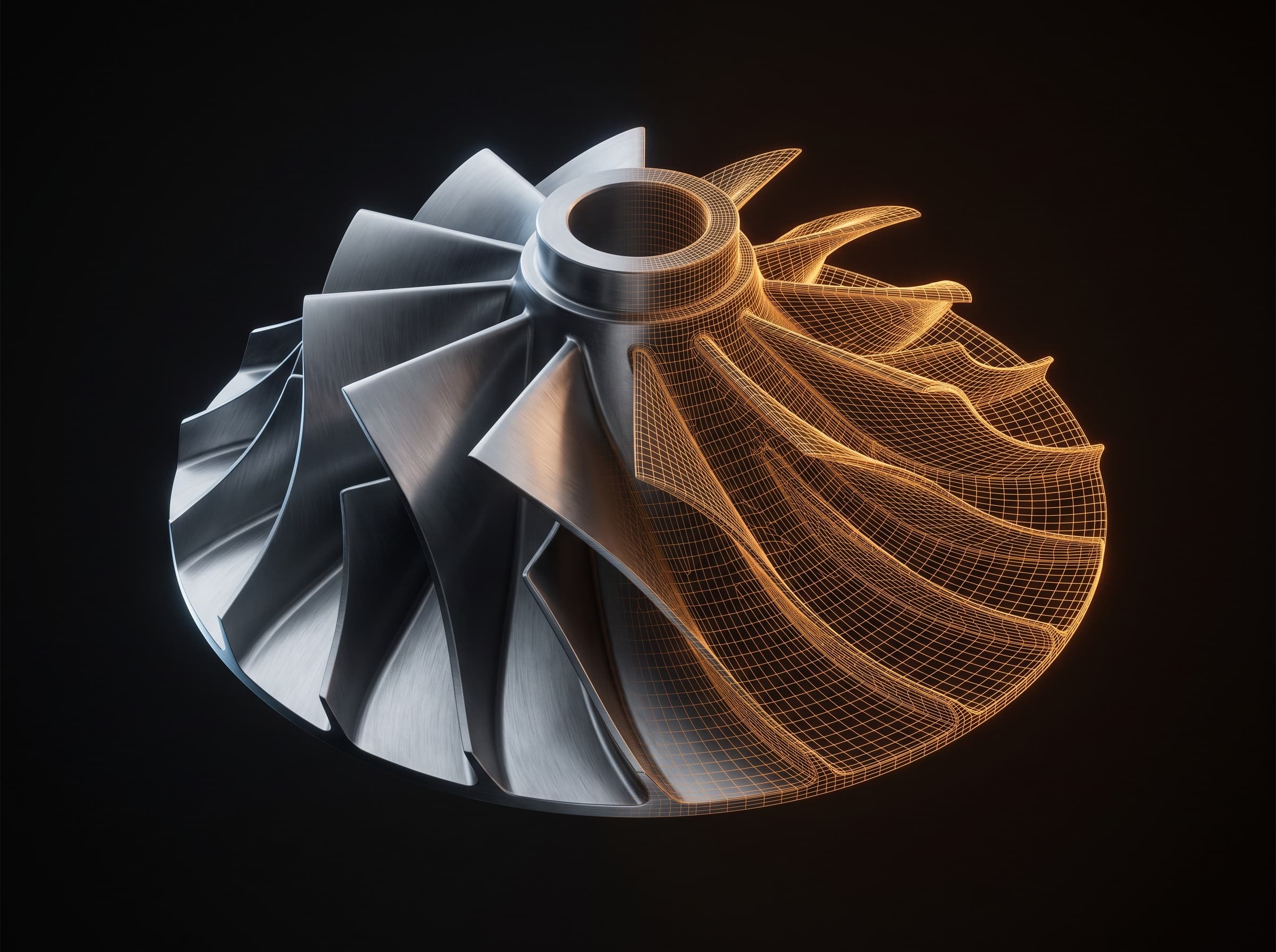 A turbine impeller rendered half in brushed steel and half as an amber wireframe mesh.