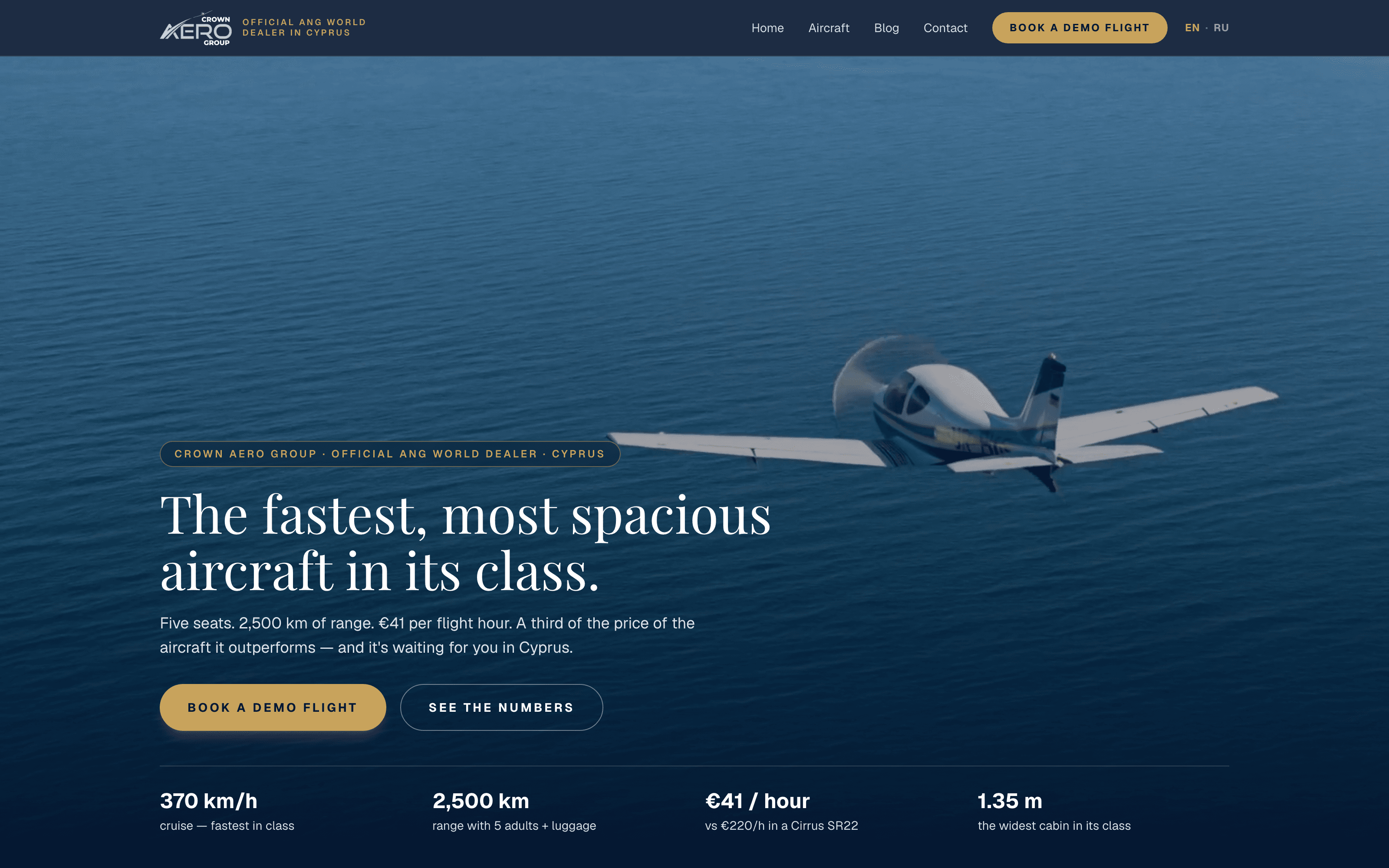 The Crown Aero Group home page: a light aircraft banking over open sea, with cruise speed, range and cost per hour listed beneath.